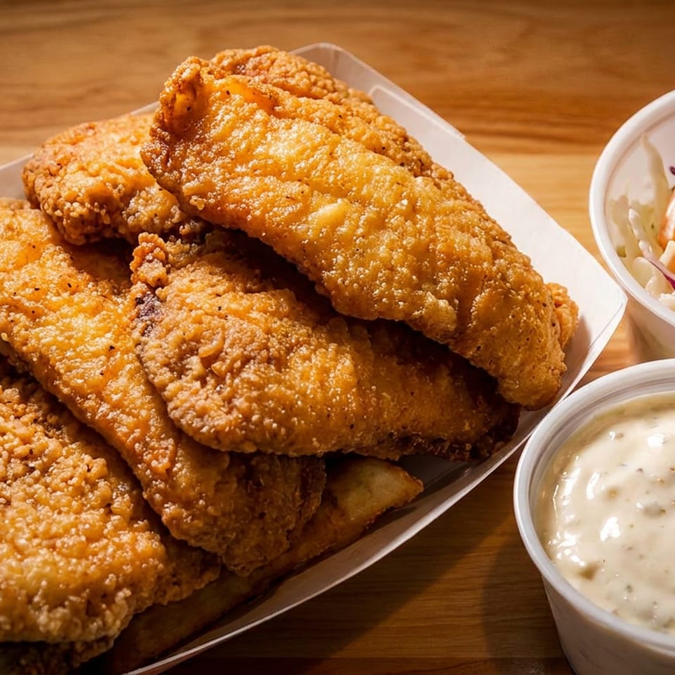 Crispy fried fish fillets in a paper tray, with sides of coleslaw and tartar sauce.