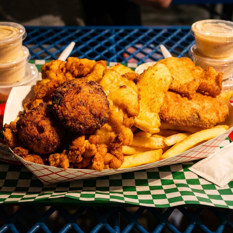 A tray of fried seafood, hush puppies, and french fries with dipping sauces on a blue metal table.
