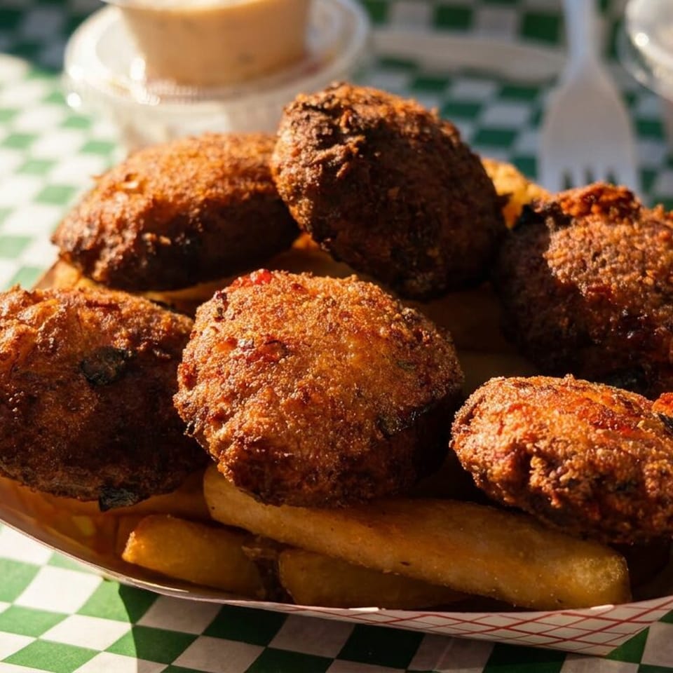 Crispy fried hushpuppies and french fries in a paper tray on a green and white checkered tablecloth.