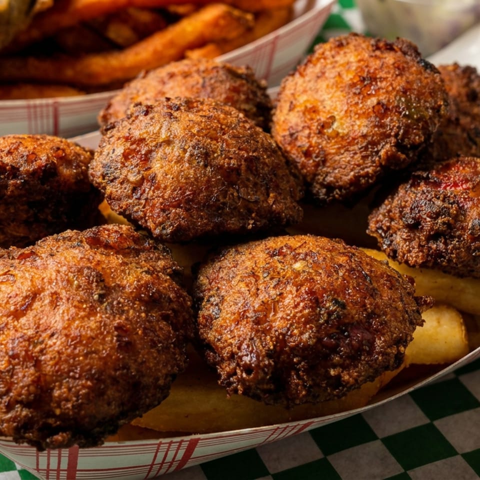 Crispy, golden-brown hushpuppies and thick-cut fries in a paper tray on a green and white checkered surface.