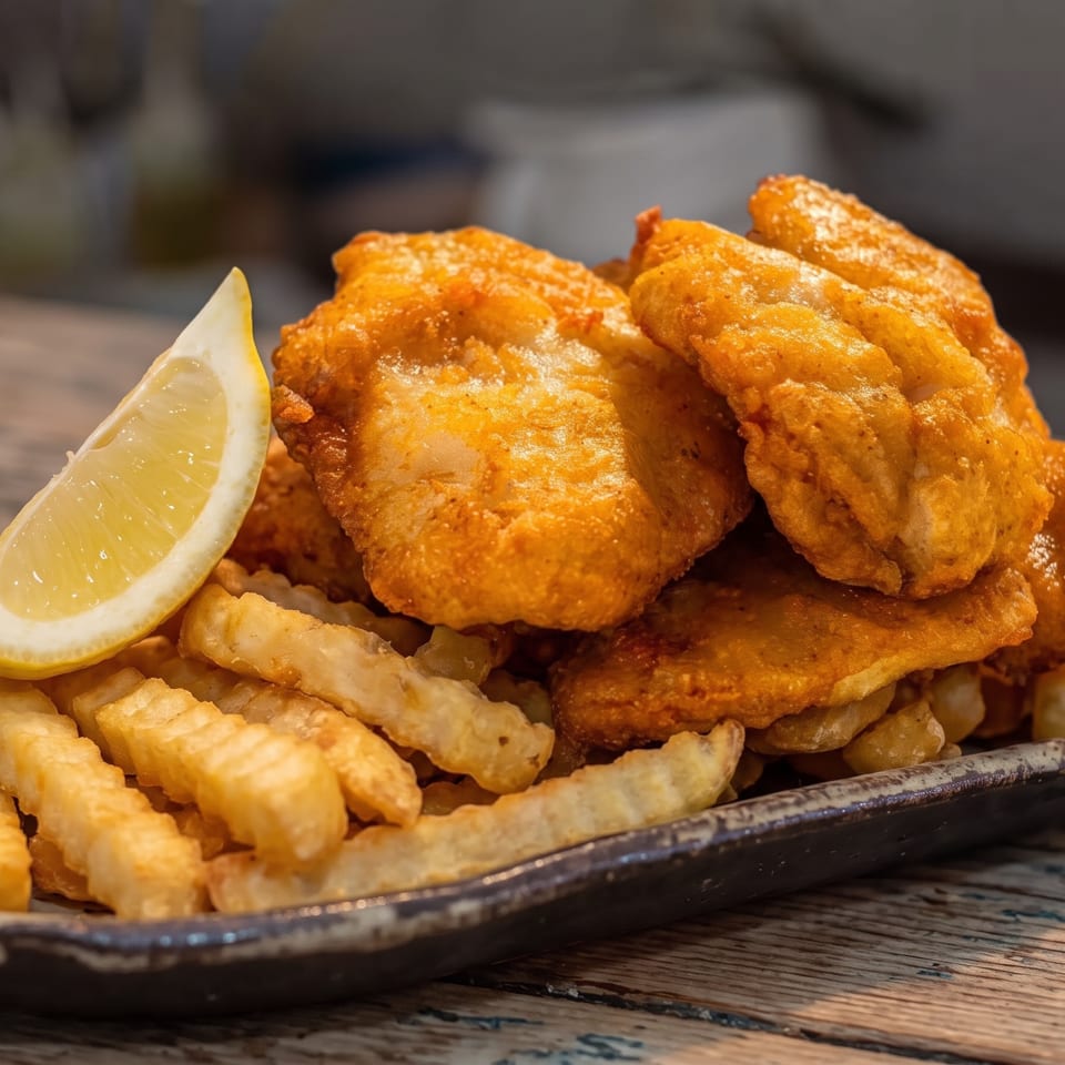 Golden battered fish fillets served with fries and a lemon wedge on a black plate.