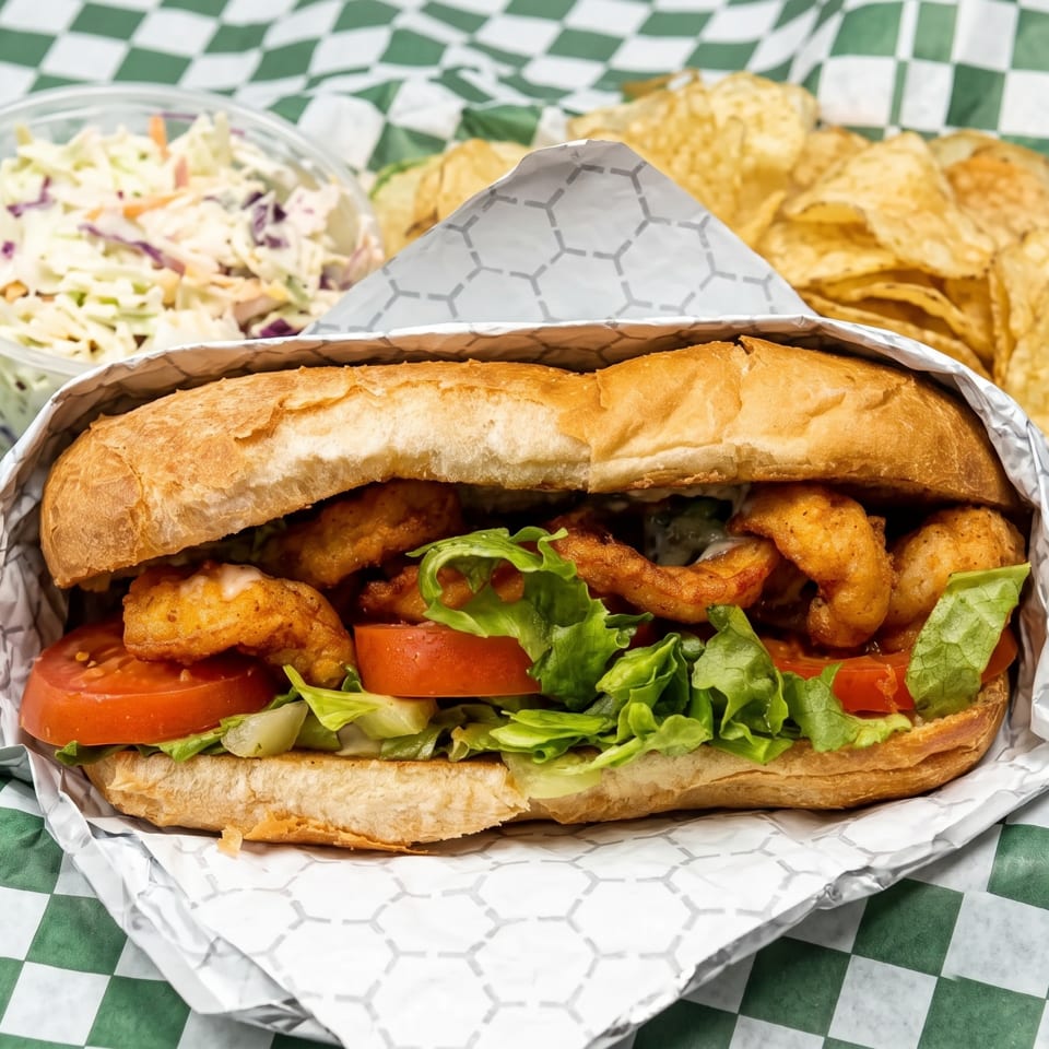 Loaded sandwich with fried shrimp, lettuce, and tomato, served with coleslaw and tortilla chips on green-and-white checkered paper.