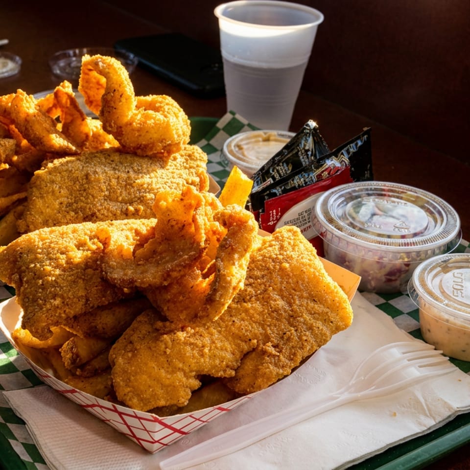 Two baskets of fried fish and onion rings, with sides and a drink on a green tray.