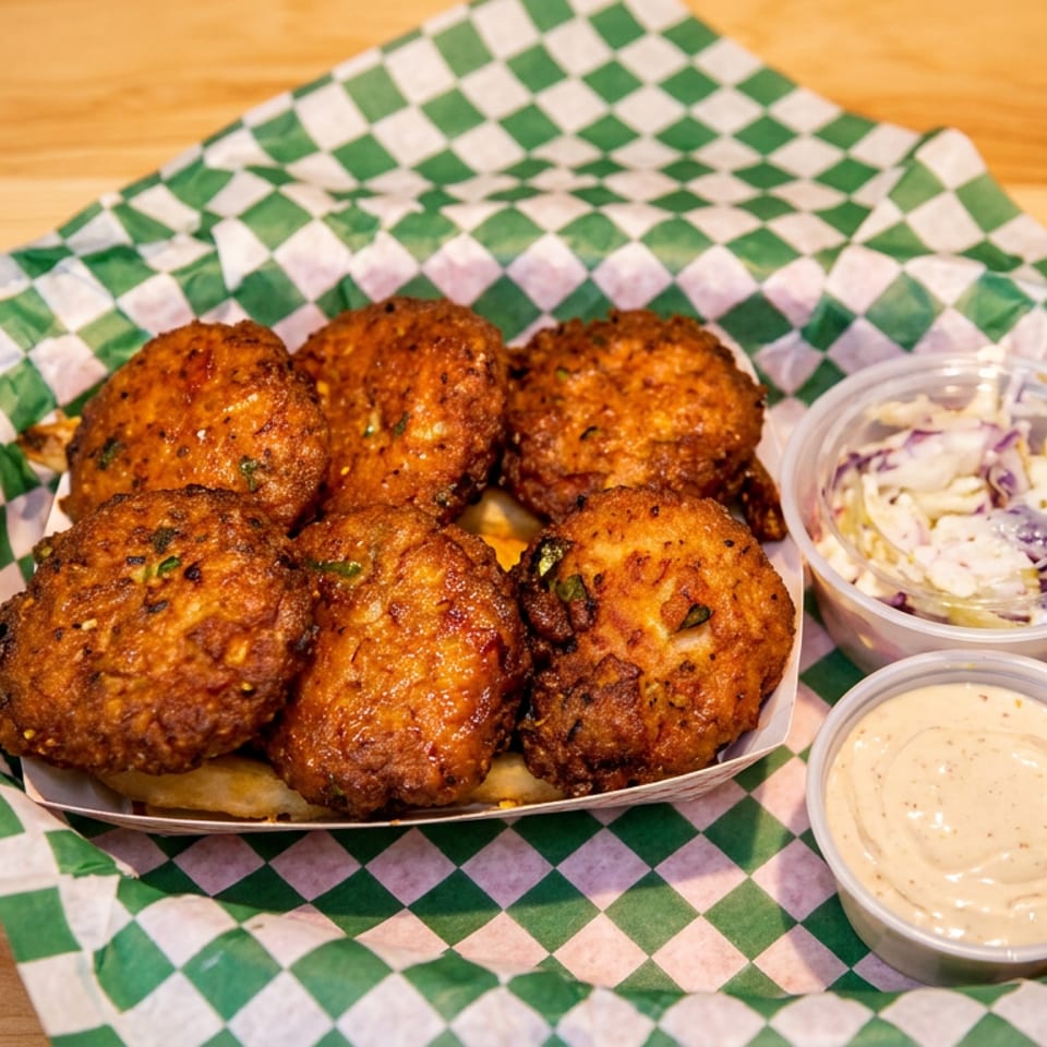 Six golden-brown hushpuppies in a red basket with green checkered paper, served with coleslaw and sauce.