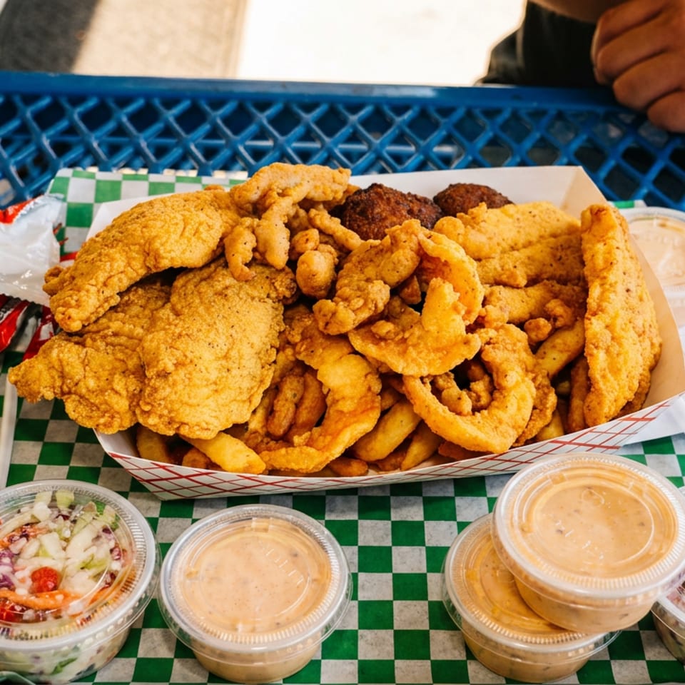 A large platter of fried fish, shrimp, and hush puppies with coleslaw and dipping sauces.