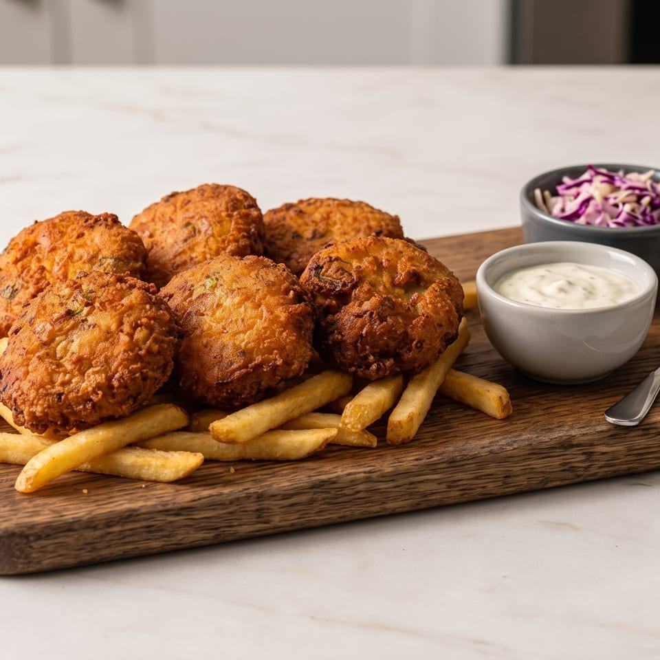 Crispy golden fritters served with fries, creamy dipping sauce, and purple cabbage slaw on a wooden serving board.