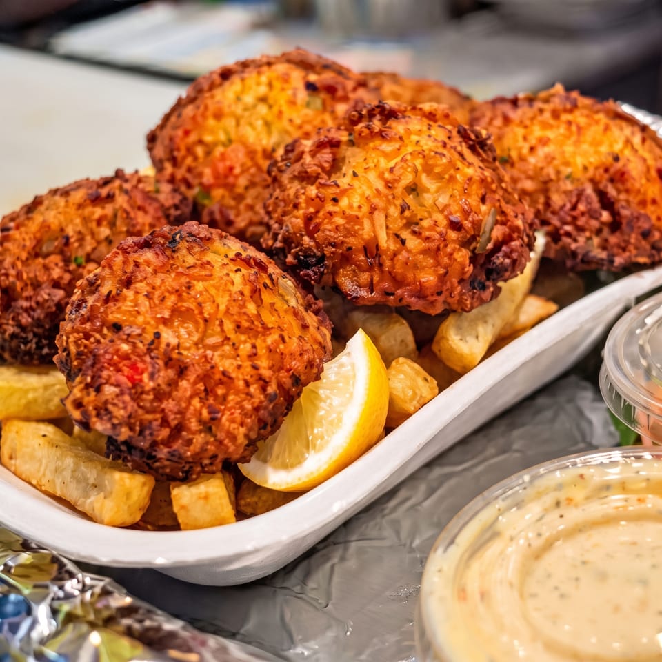 Crispy seasoned falafel served with potato wedges, lemon wedges, and creamy dipping sauce on a platter.
