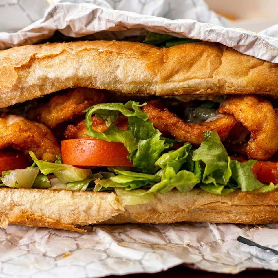 Shrimp po'boy sandwich with lettuce and tomato, wrapped in foil on a red table.