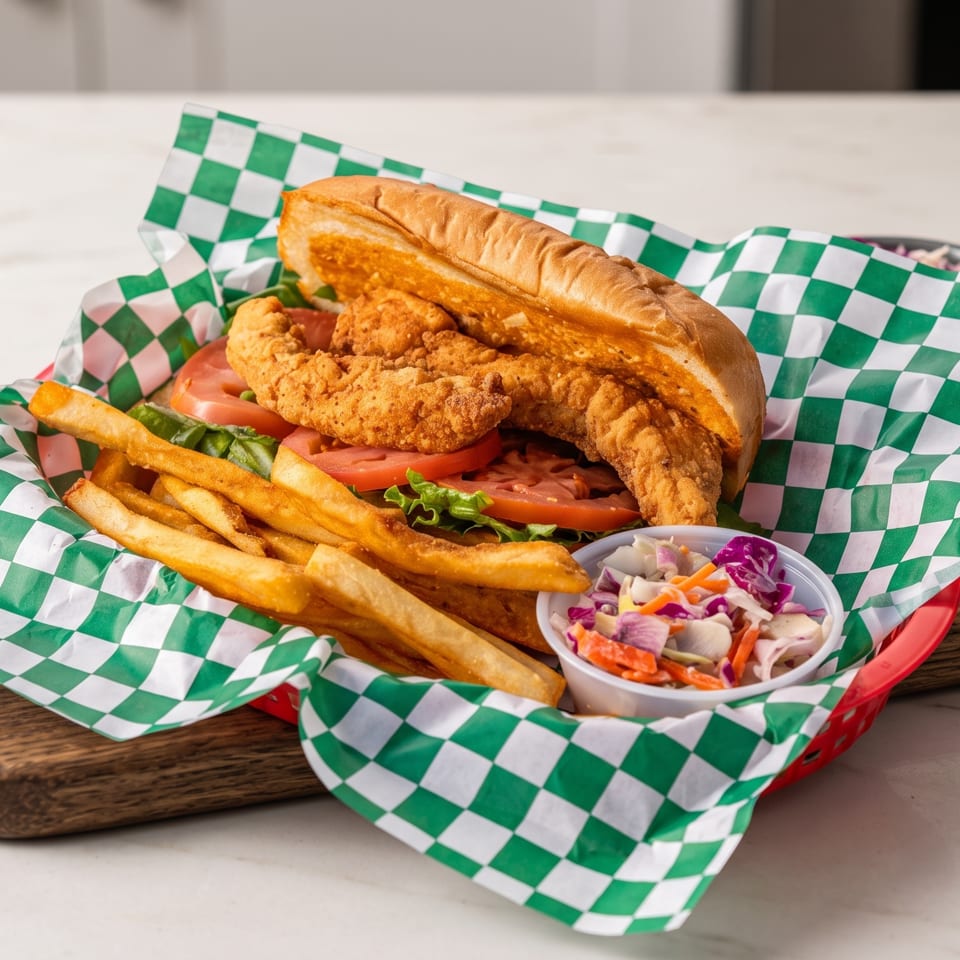 Crispy fried chicken sandwich with lettuce and tomato, served with fries and colorful coleslaw in a checkered basket.