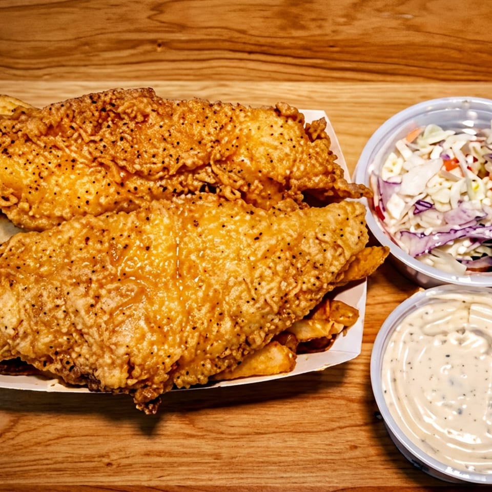 Golden fried fish and chips with coleslaw and tartar sauce on a wooden table.