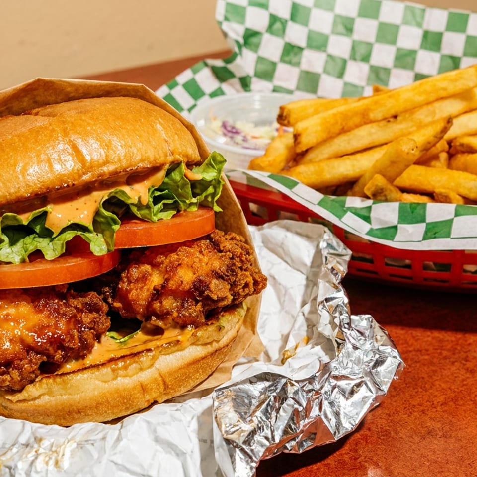 Crispy fried chicken sandwich with lettuce, tomato, and sauce, next to a basket of fries.
